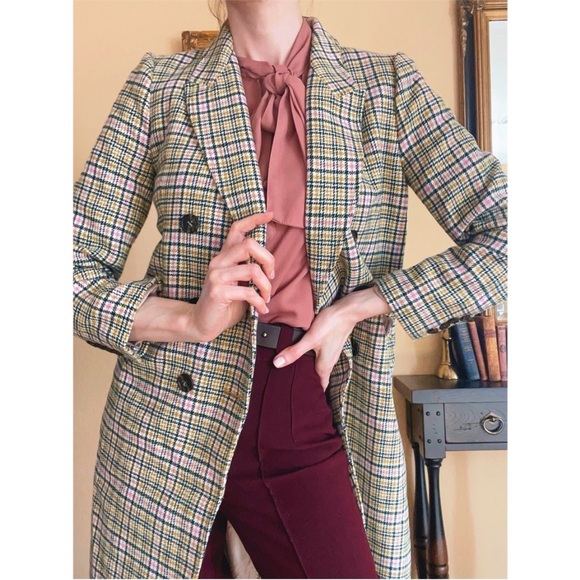 J. Crew Plaid Long Peacoat Double Breasted Italian Wool Ivory Pink Size 4 - Picture 2 of 14